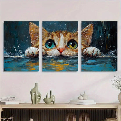 3pcs Whimsical Cat Vibrant Orange Metal Print Ready to Hang Art