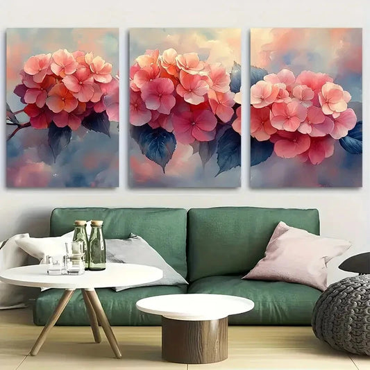 3pcs Elegant Pink Hydrangea Watercolor Metal Print Ready to Hang Art