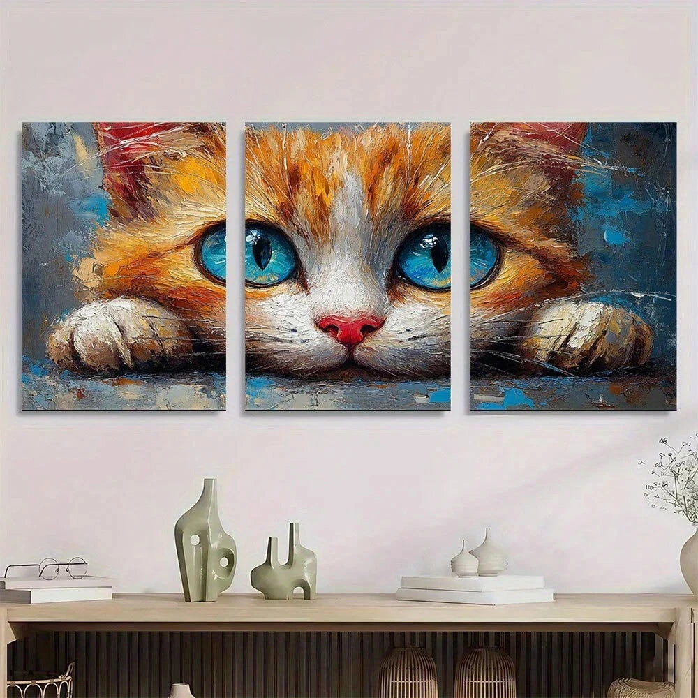 3pcs Vibrant Clown Cat Whimsical Orange & White Metal Print Ready to Hang Art
