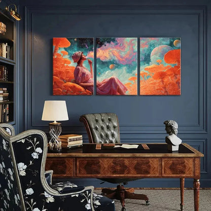 3pcs Cosmic Woman Dreaming Among Mushrooms Metal Print Ready to Hang Art