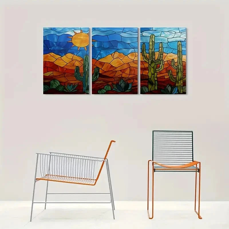 3pcs Vibrant Sun Cacti & Mountain Scene Metal Print Ready to Hang Art
