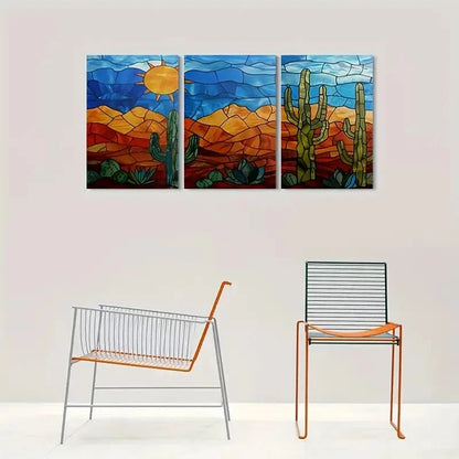 3pcs Vibrant Sun Cacti & Mountain Scene Metal Print Ready to Hang Art