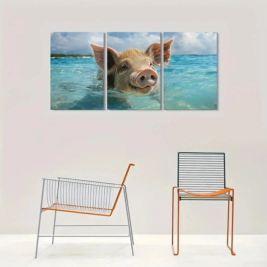 3pcs Adorable Swimming Pig Blue Sky Metal Print Ready to Hang Art