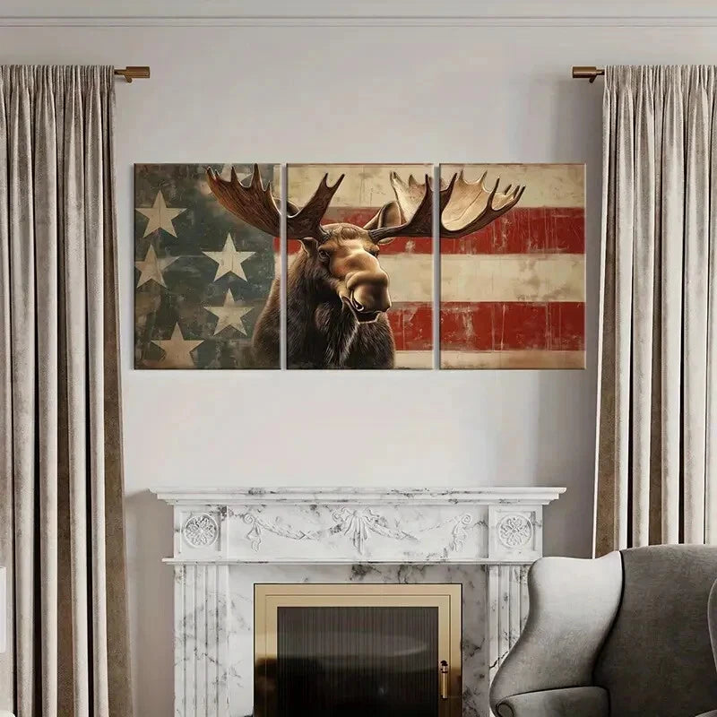 3pcs American Flag Moose Art Rustic Wildlife Metal Print Ready to Hang Art