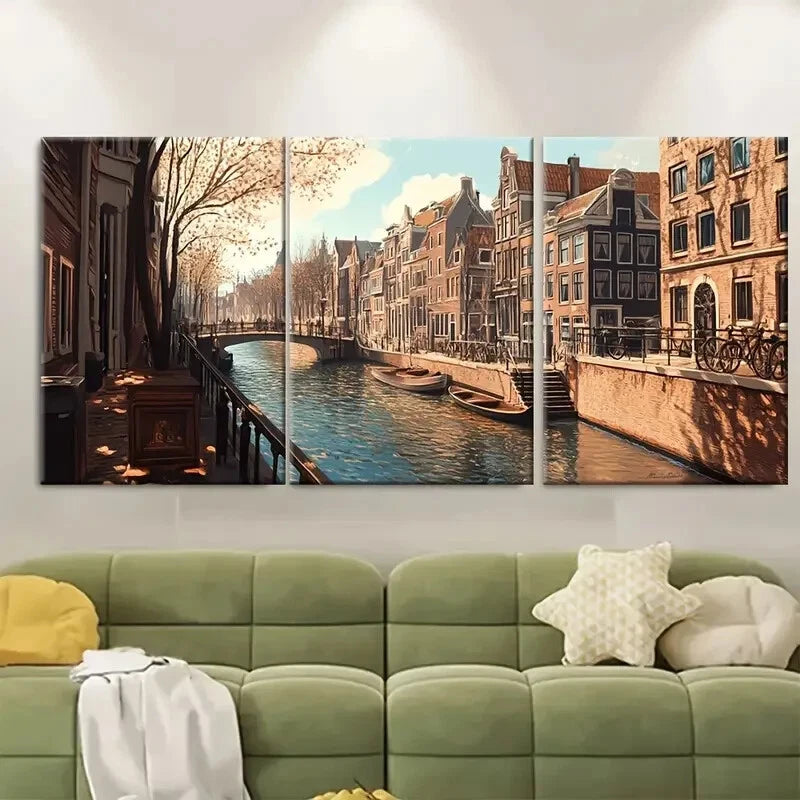 3pcs Canal Scene with Historic Houses Metal Print Ready to Hang Art