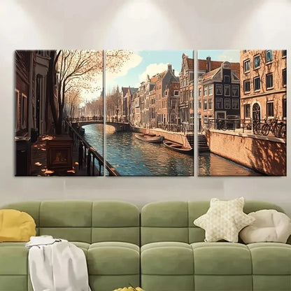 3pcs Canal Scene with Historic Houses Metal Print Ready to Hang Art