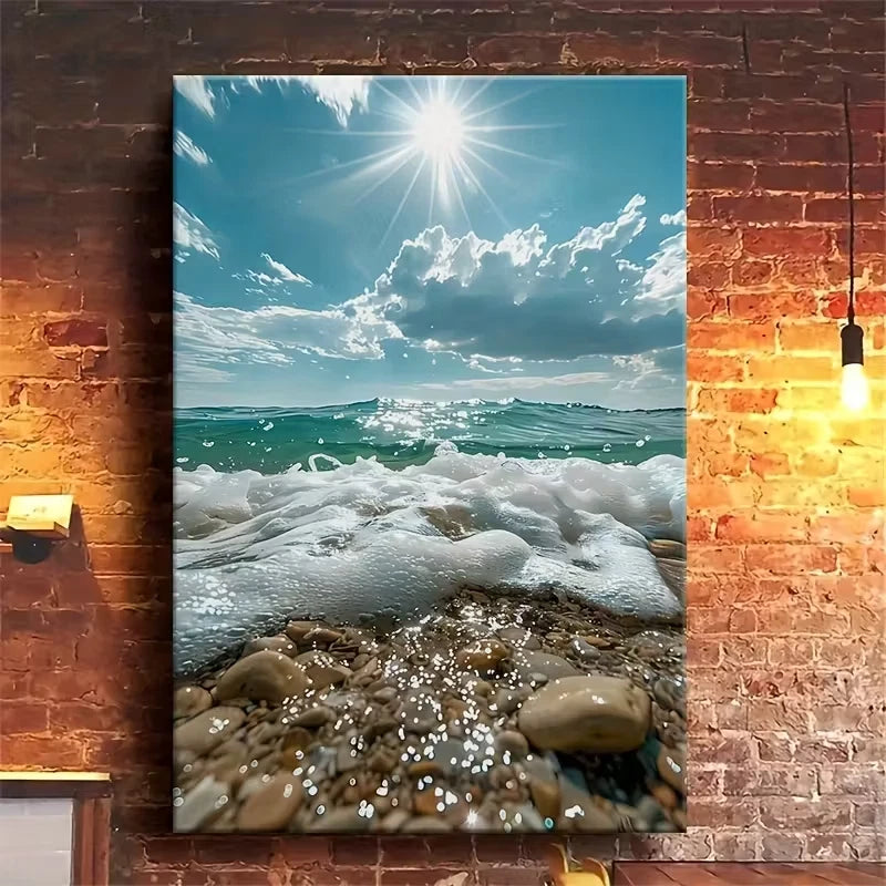 Vibrant Coastal Sunlit Waves Oil Painting 60x90cm Metal Print Ready to Hang