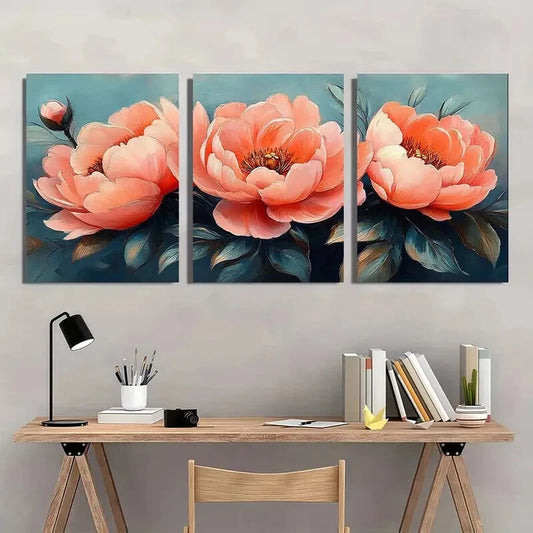3pcs Vibrant Pink Peach Flowers Blush Peonies Metal Print Ready to Hang Art