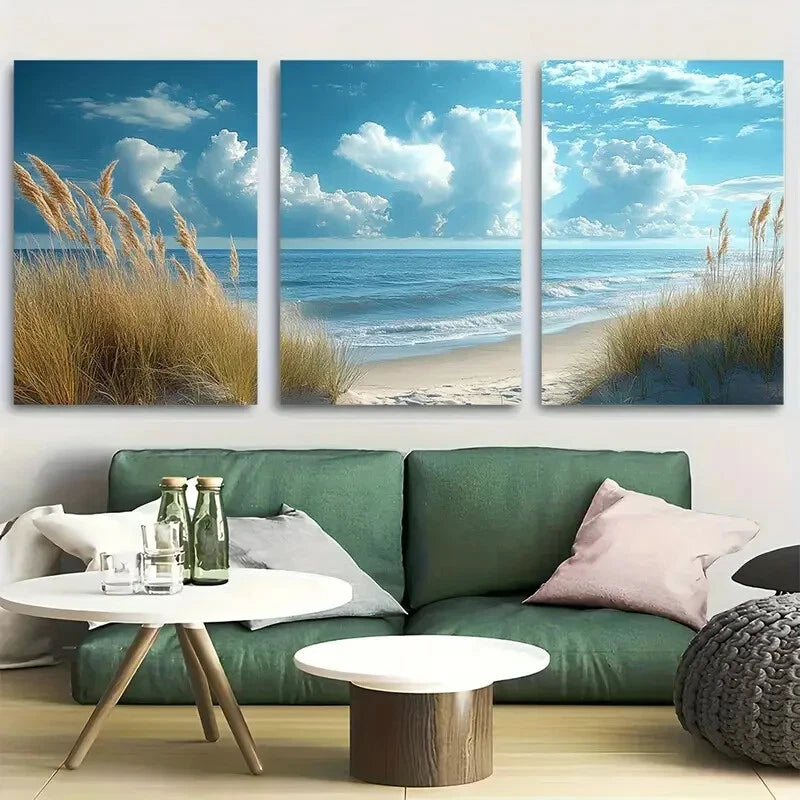 3pcs Seashore Whisper Somber Sky and Blue Water Metal Print Ready to Hang Art