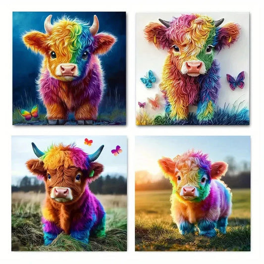 4pcs  Highland Cow Butterfly Picture Wall Art Canvas Framed