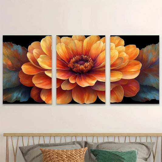 3pcs Vibrant Marigold Orange & Burgundy Floral Metal Print Ready to Hang Art