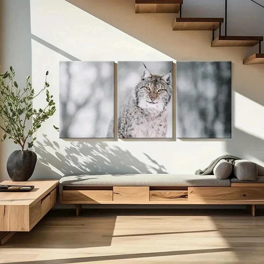 3pcs Snow Scene Feline Art Lynx Modern  Wall Art Set Canvas Framed 40x60cm - High Quality Print 100% Australian Made Wall Canvas Ready to Hang