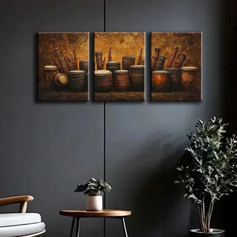 3pcs African Festival Melodic Instruments Metal Print Ready to Hang Art