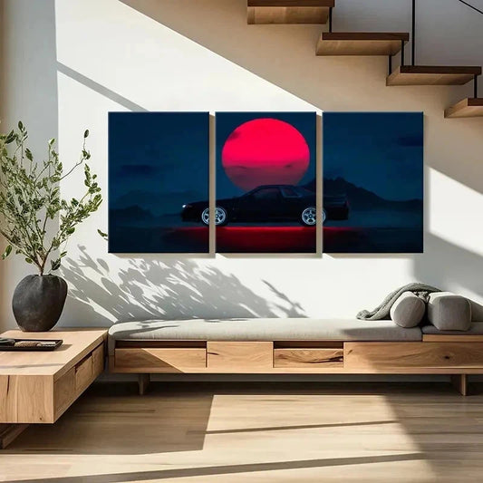 3pcs Modern Car in Red Sun Scene Decor Wall Art Set Canvas Framed 40x60cm - High Quality Print 100% Australian Made Wall Canvas Ready to Hang