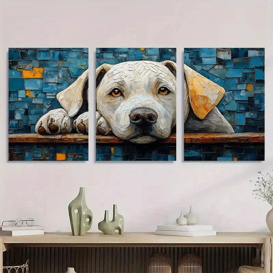3pcs White Dog Modern Mosaic Design Metal Print Ready to Hang Art