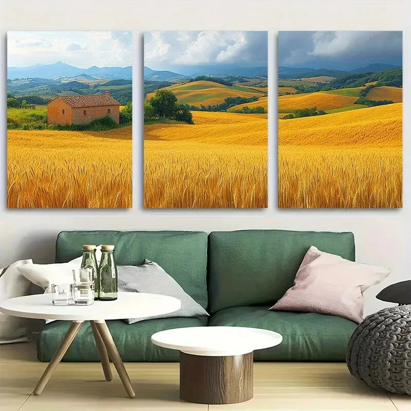 3pcs Golden Wheat Field Countryside Farmhouse Metal Print Ready to Hang Art