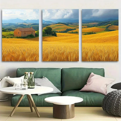 3pcs Golden Wheat Field Countryside Farmhouse Metal Print Ready to Hang Art