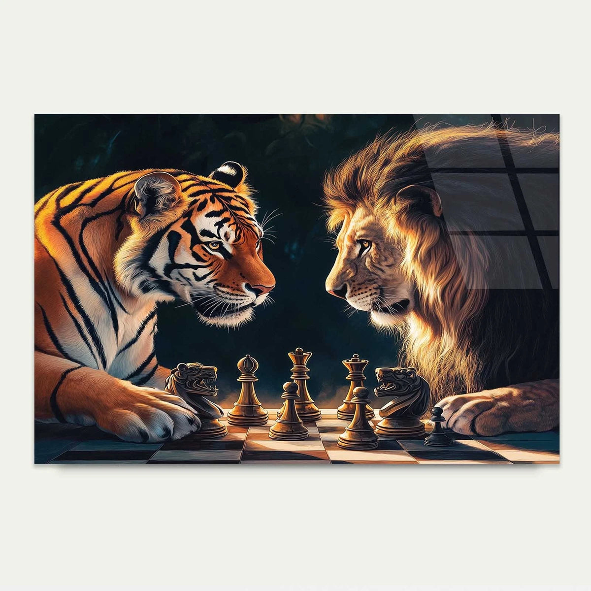 Tiger and Lion Playing Chess Glass Printing Wall Art Australian Made Quality