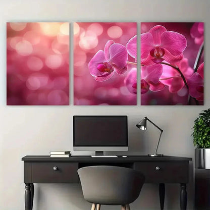 3pcs Abstract Orchid Flower Deep Pink Shades Metal Print Ready to Hang Art