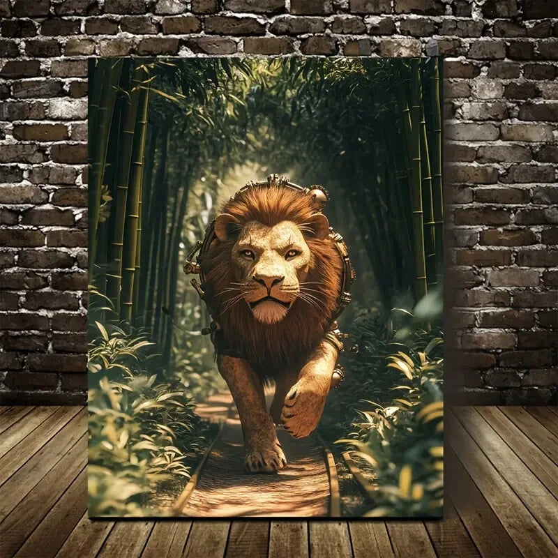 Beautiful Steampunk Lion Cinematic Lighting Painting 40x60cm Metal Print Ready to Hang