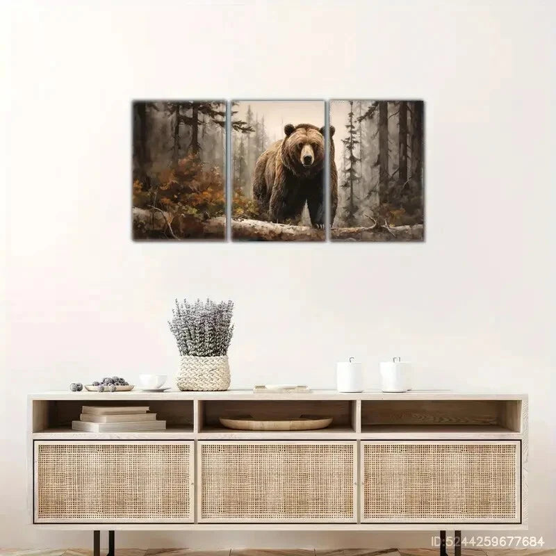 3pcs Grizzly Bear in Foggy Forest Animal Portrait Metal Print Ready to Hang Art