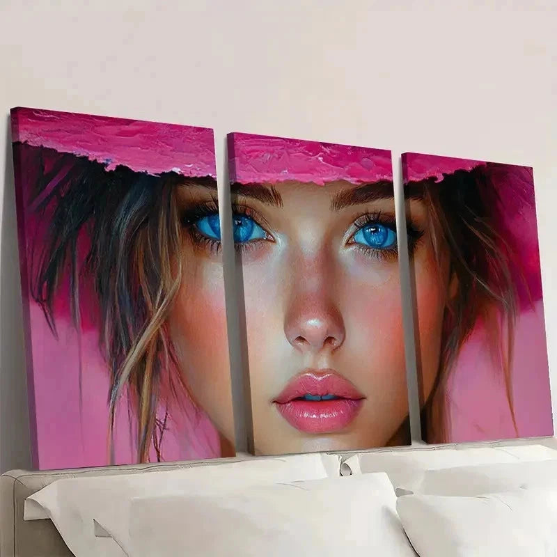 3pcs Abstract Girl Pink & Blue ART Wall Art Set Canvas Framed 40x60cm - High Quality Print 100% Australian Made Wall Canvas Ready to Hang