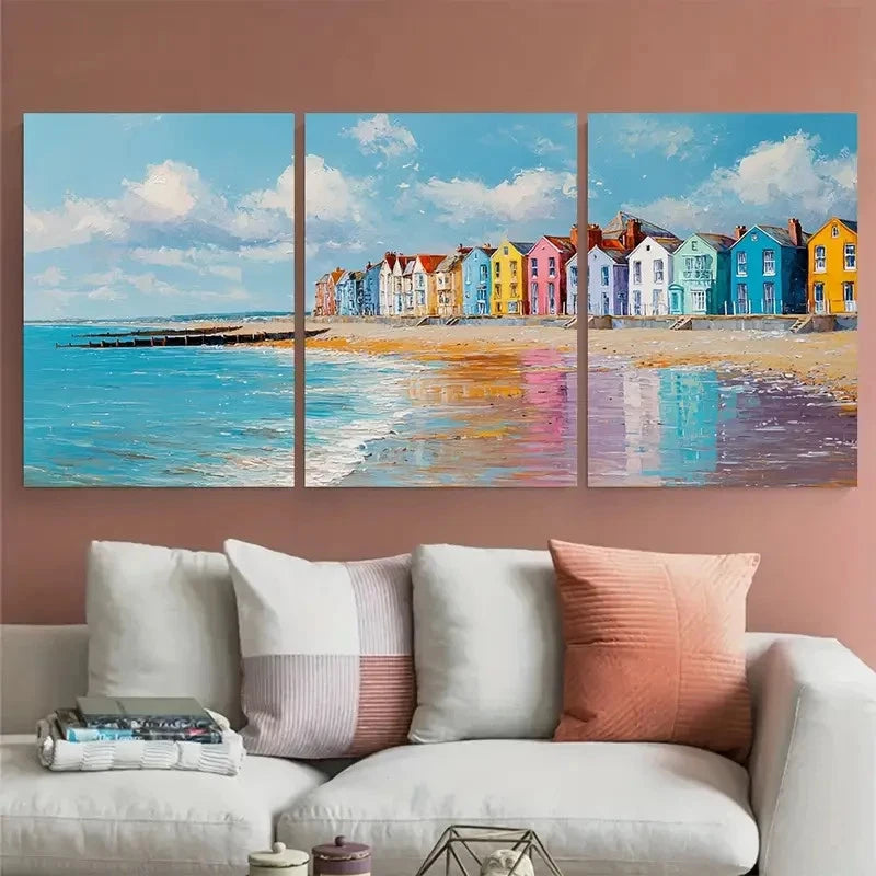 3pcs Worthing West Sussex Coastal Illustration Wall Art Set Canvas Framed 50x70cm - High Quality Print 100% Australian Made Wall Canvas Ready to Hang