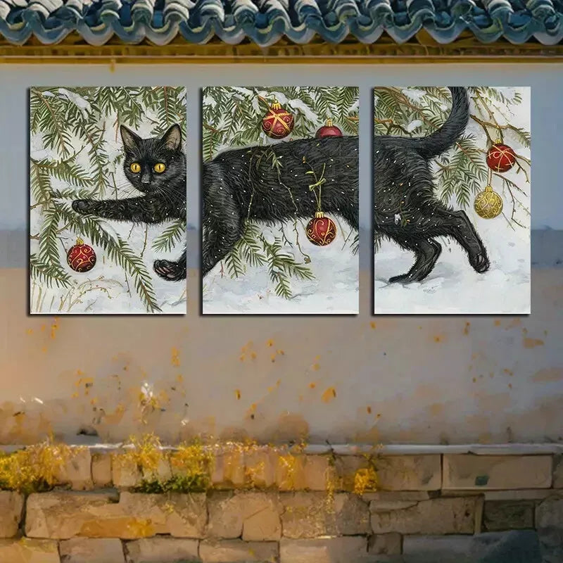 3pcs  Black Cat Entangled In Christmas Decorations  Wall Art Set Canvas Framed 50x70cm -  High Quality Print 100% Australian Made Wall Canvas Ready to Hang - Bella Home Decor