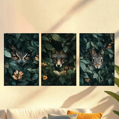 3pcs Owls in the woods, foxes rabbits Wall Art Set Canvas Unframed - High Quality Print 100% Australian Made Wall Canvas