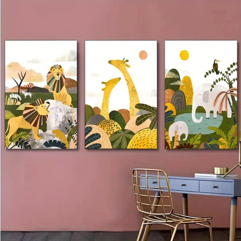 3pcs Elephant Giraffe Lion Wild Animals Art Metal Print Ready to Hang Art
