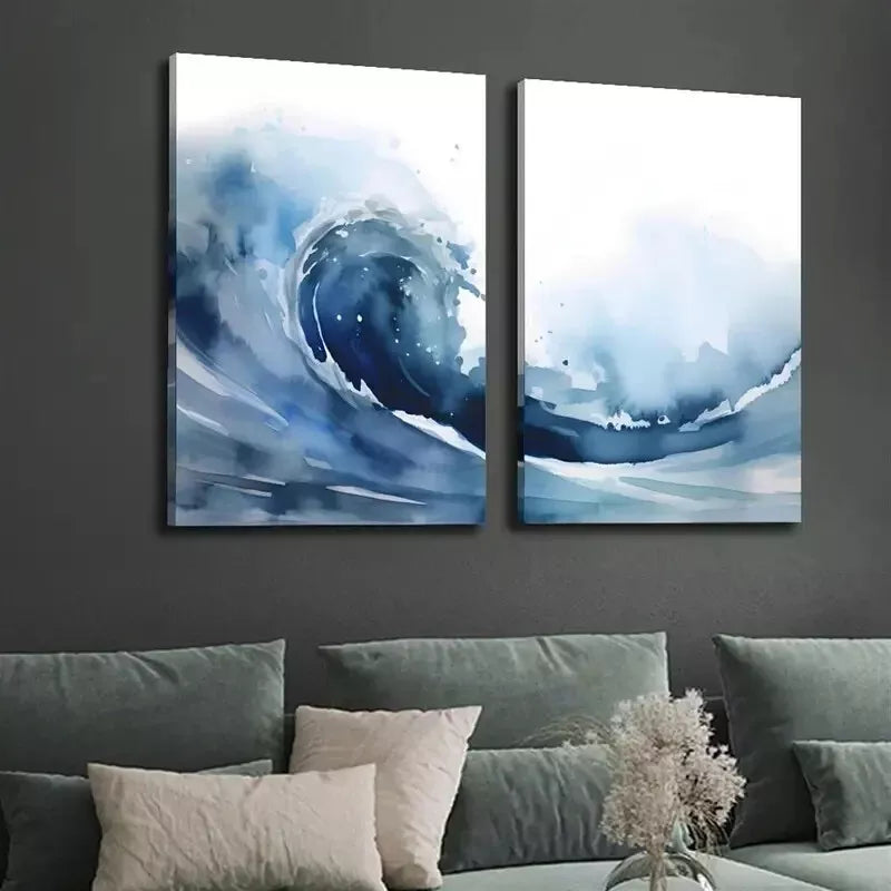 2pcs Blue Ocean Watercolor Ocean Art Canvas Framed 50x75cm - High Quality Print 100% Australian Made Wall Canvas Ready to Hang - Bella Home Decor