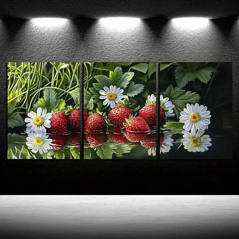 3pcs Strawberry and Daisy Reflections Illustration Metal Print Ready to Hang Art