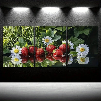 3pcs Strawberry and Daisy Reflections Illustration Metal Print Ready to Hang Art
