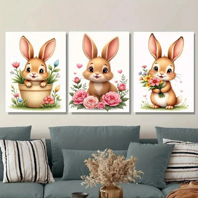 3pcs Charming Bunny Cute Rabbit Paintings flower Wall Art Set Canvas Framed 40x60cm - High Quality Print 100% Australian Made Wall Canvas Ready to Hang