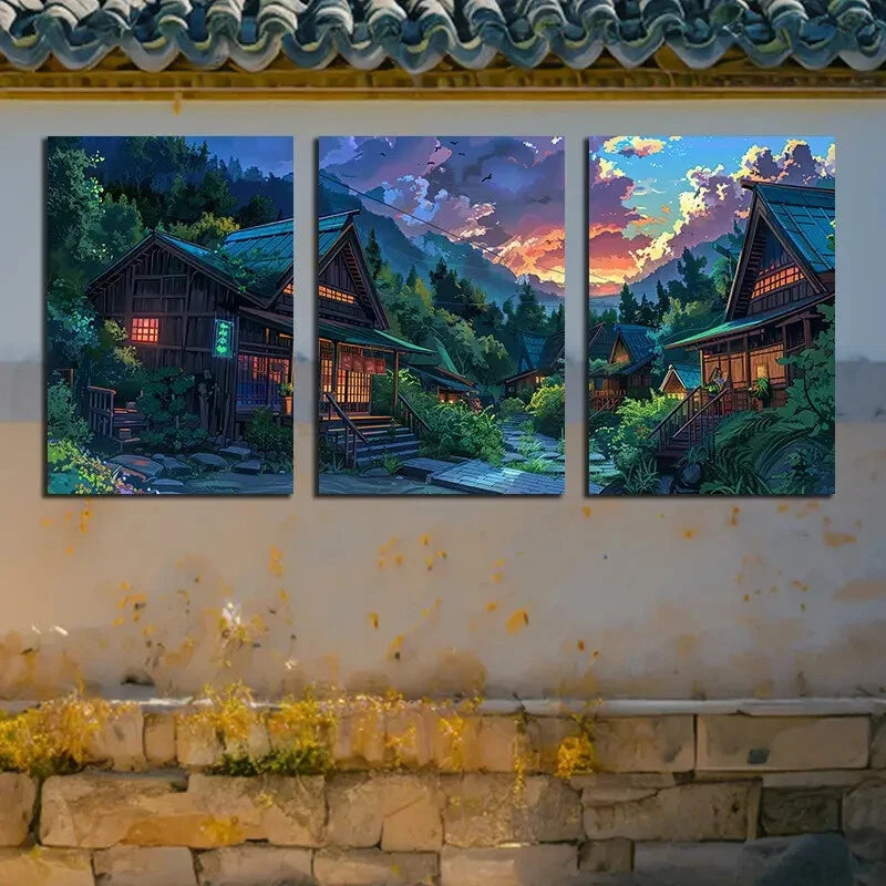 3pcs Peaceful Rural Valleys House Landscape Metal Print Ready to Hang Art