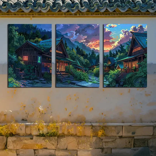 3pcs Peaceful Rural Valleys House Landscape Metal Print Ready to Hang Art