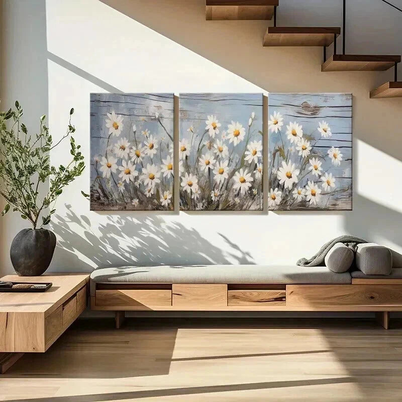 3pcs Blue Background with White & Yellow Petals Wall Art Set Canvas Framed 40x60cm - High Quality Print 100% Australian Made Wall Canvas Ready to Hang