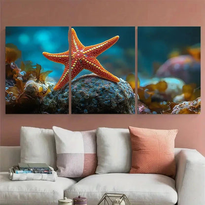 3pcs Red Starfish Detailed Marine Life Metal Print Ready to Hang Art