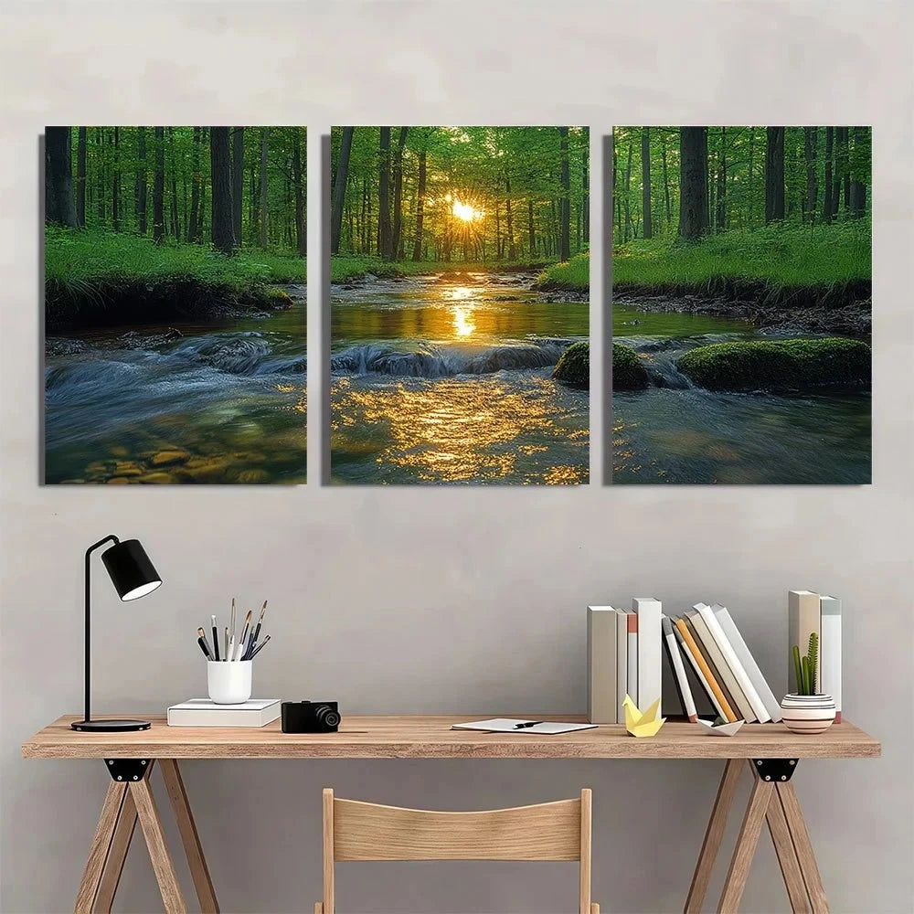3pcs Serene Forest Sunlit Green Trees River Wall Art Set Canvas Framed 60x90cm - High Quality Print 100% Australian Made Wall Canvas Ready to Hang