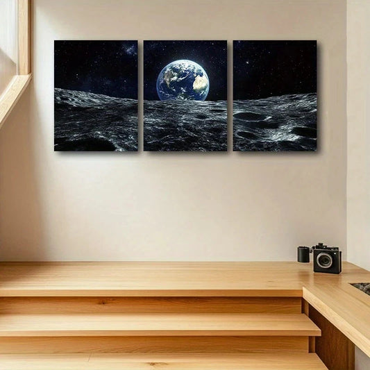 3pcs White and Blue Earth & Crescent Moon Metal Print Ready to Hang Art