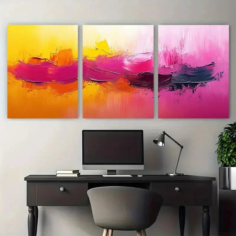 3pcs Abstract Brush Stroke Pink Yellow Perfect Wall Art Set Canvas Framed 40x60cm - High Quality Print 100% Australian Made Wall Canvas Ready to Hang