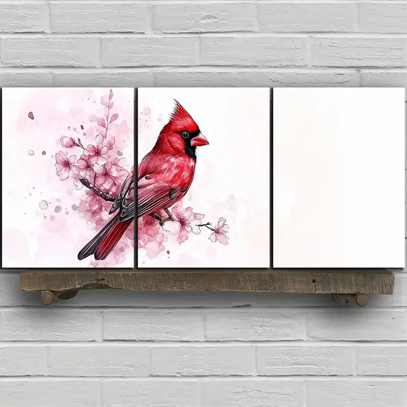 3pcs Pink Birds on Plum Blossom Branches Metal Print Ready to Hang Art