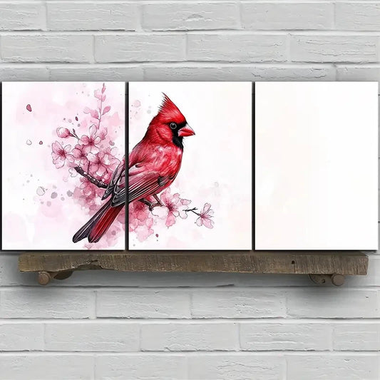 3pcs Pink Birds on Plum Blossom Branches Metal Print Ready to Hang Art