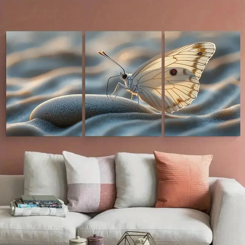 3pcs White Butterfly on Pebble with Sand Waves Zen Metal Print Ready to Hang Art