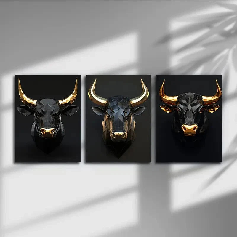 3pcs Black and Gold Bulls Modern Metal Print Ready to Hang Art