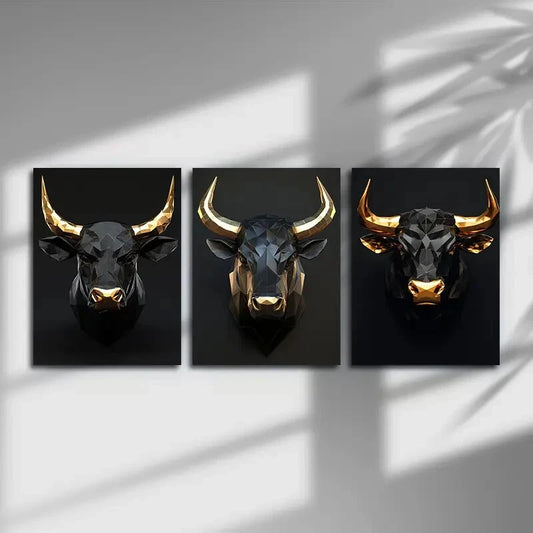 3pcs Black and Gold Bulls Modern Metal Print Ready to Hang Art