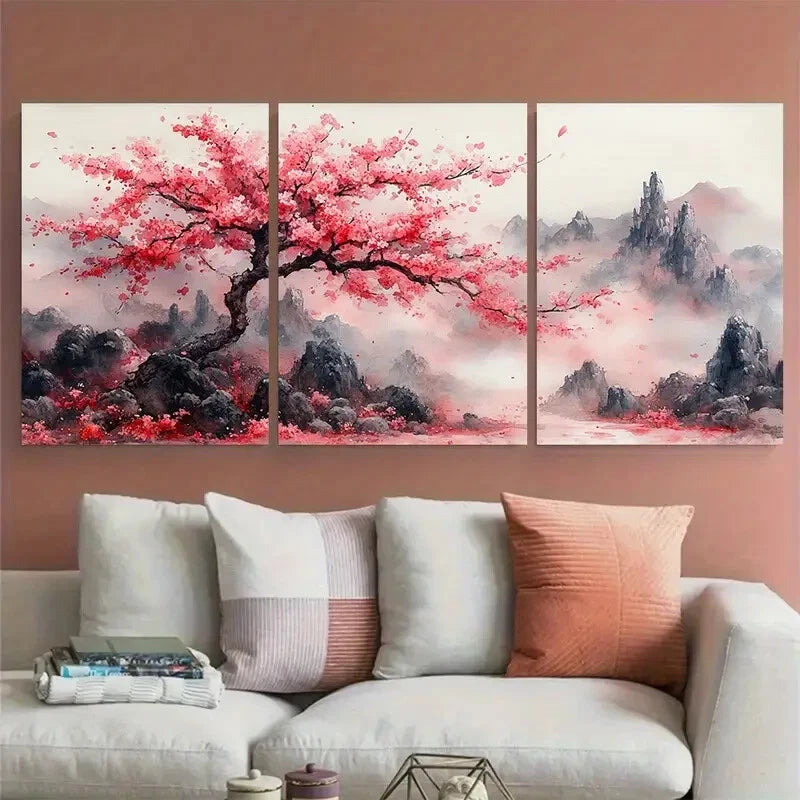 3pcs Elegant Sakura Blossom Watercolor Abstract Metal Print Ready to Hang Art