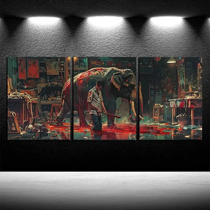 3pcs Elephants and Humans Illustration Metal Print Ready to Hang Art