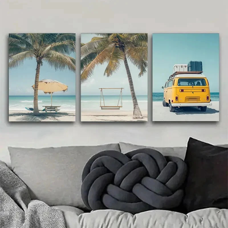 3pcs Beach with Palm Trees & Kombi Van Scene Wall Art Set Canvas Framed 40x60cm - High Quality Print 100% Australian Made Wall Canvas Ready to Hang