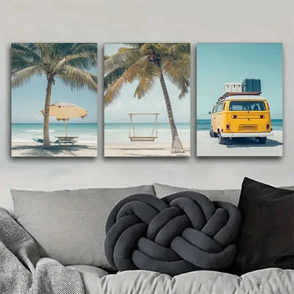 3pcs Beach with Palm Trees & Kombi Van Scene Wall Art Set Canvas Framed 40x60cm - High Quality Print 100% Australian Made Wall Canvas Ready to Hang